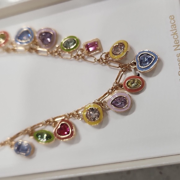 🌈🔹️Persimmon🔹️ colorful pastel gold charm glass stone 16" brass necklace - Picture 4 of 4